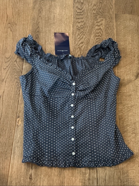 Brandy Melville Tops - Brandy Melville Navy Blue White Polka Dot Ruffle Button Top